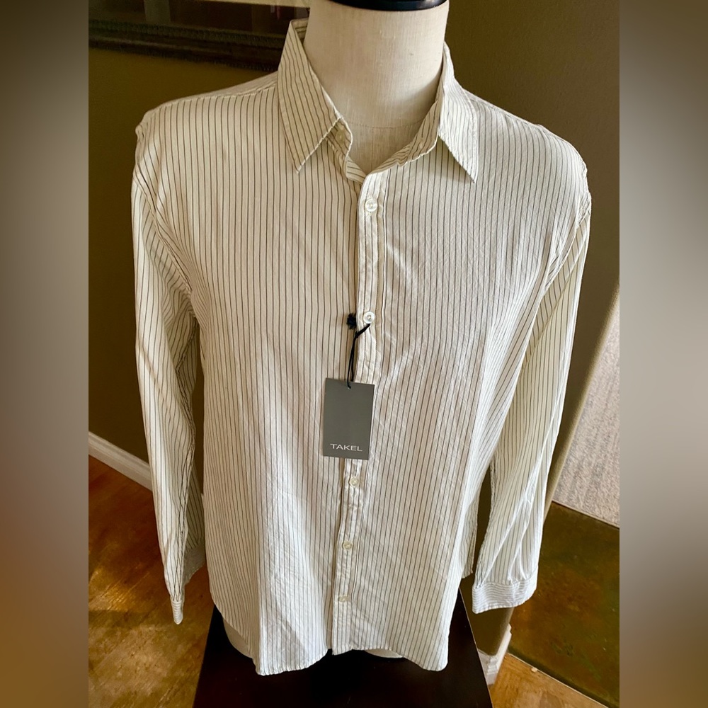 Shirt by “TAKEL”~ Size XL Light Yellow w/Grey Stripping PERFECT FOR EASTER